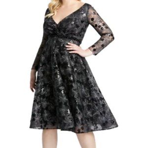 MAC DUGGAL LONG SLEEVE SEQUIN LACE MIDI COCKTAIL BLACK DRESS sz 14W